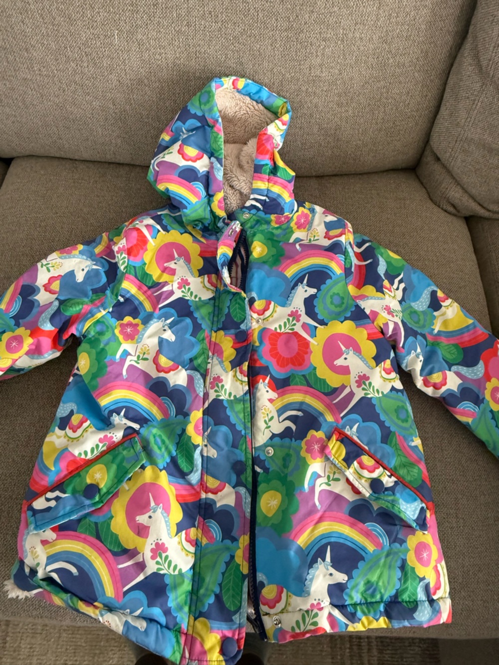 Mini Boden Multicolor Floral & Stripe Puffer Coat
